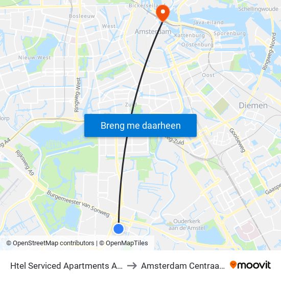 Htel Serviced Apartments Amstelveen to Amsterdam Centraal Station map