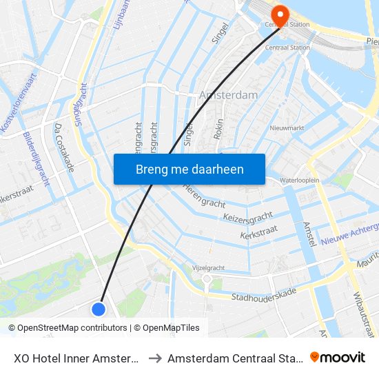 XO Hotel Inner Amsterdam to Amsterdam Centraal Station map