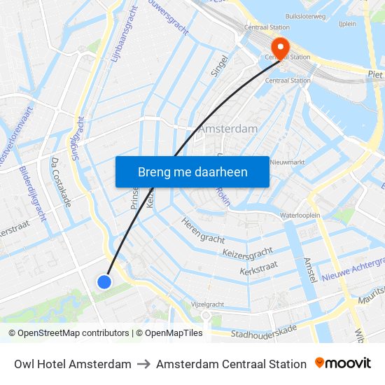 Owl Hotel Amsterdam to Amsterdam Centraal Station map