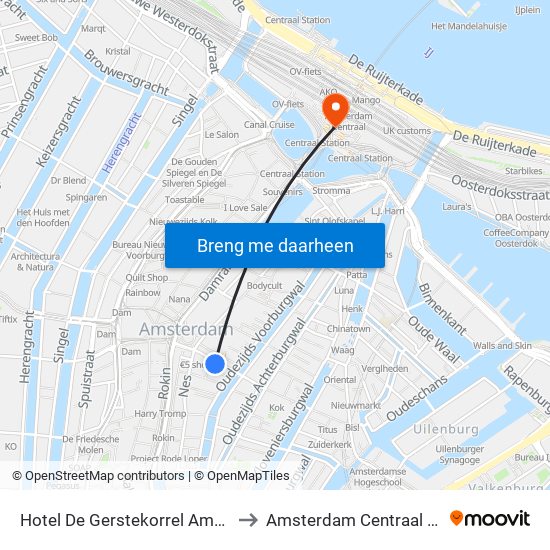 Hotel De Gerstekorrel Amsterdam to Amsterdam Centraal Station map