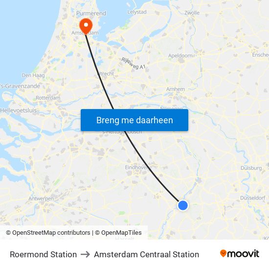 Roermond Station to Amsterdam Centraal Station map