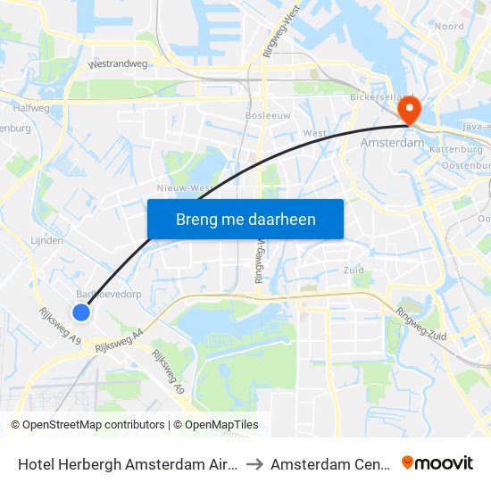 Hotel Herbergh Amsterdam Airport Badhoevedorp to Amsterdam Centraal Station map