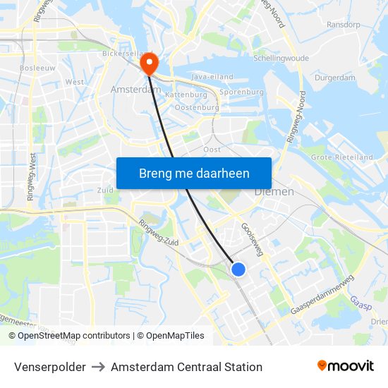 Venserpolder to Amsterdam Centraal Station map