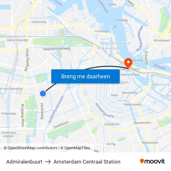 Admiralenbuurt to Amsterdam Centraal Station map