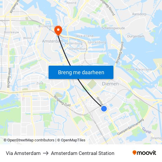 Via Amsterdam to Amsterdam Centraal Station map