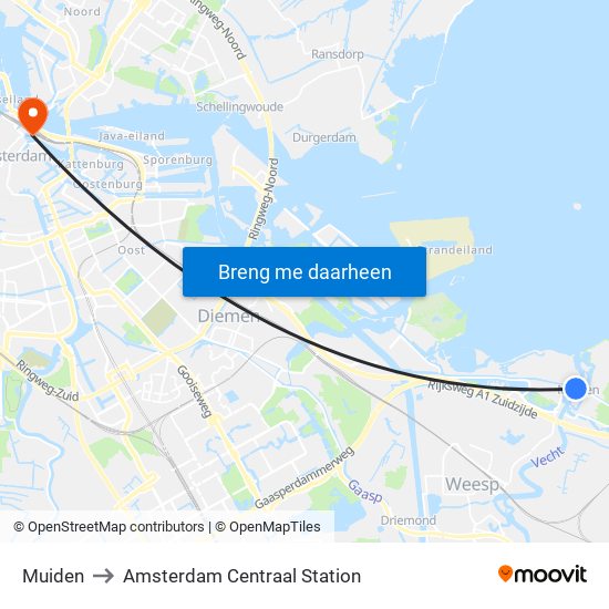 Muiden to Amsterdam Centraal Station map