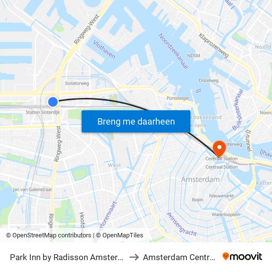 Park Inn by Radisson Amsterdam City West to Amsterdam Centraal Station map