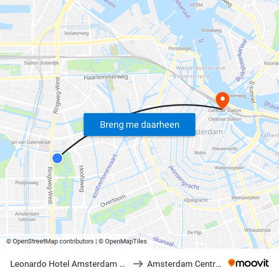 Leonardo Hotel Amsterdam Rembrandtpark to Amsterdam Centraal Station map