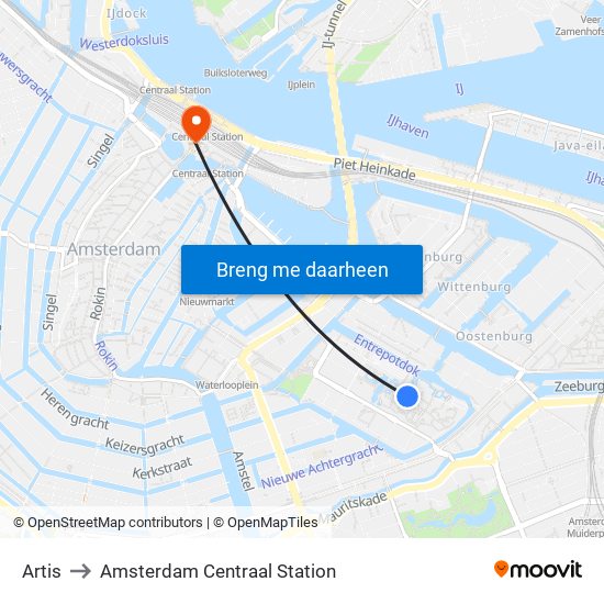 Artis to Amsterdam Centraal Station map