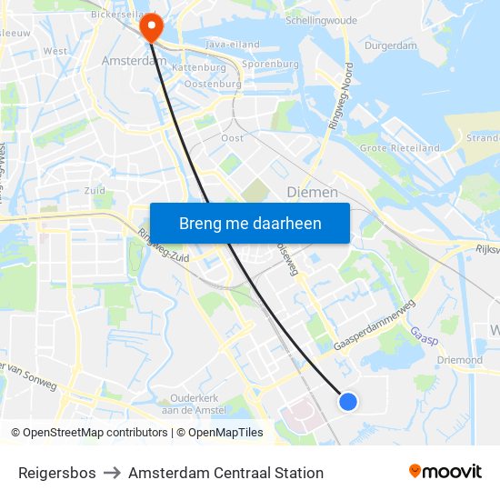 Reigersbos to Amsterdam Centraal Station map