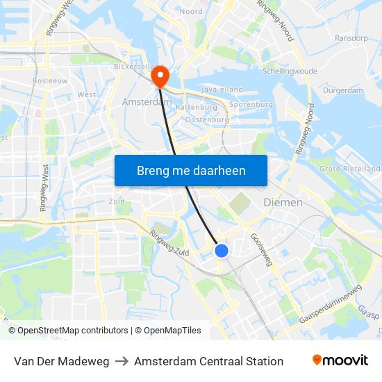 Van Der Madeweg to Amsterdam Centraal Station map