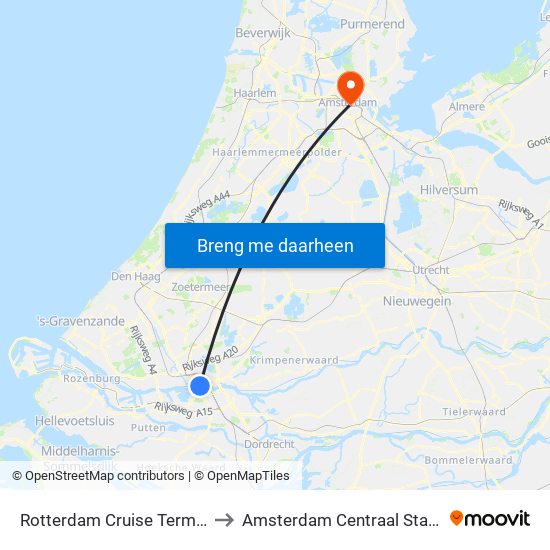 Rotterdam Cruise Terminal to Amsterdam Centraal Station map