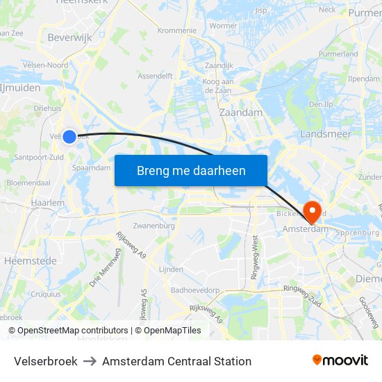 Velserbroek to Amsterdam Centraal Station map