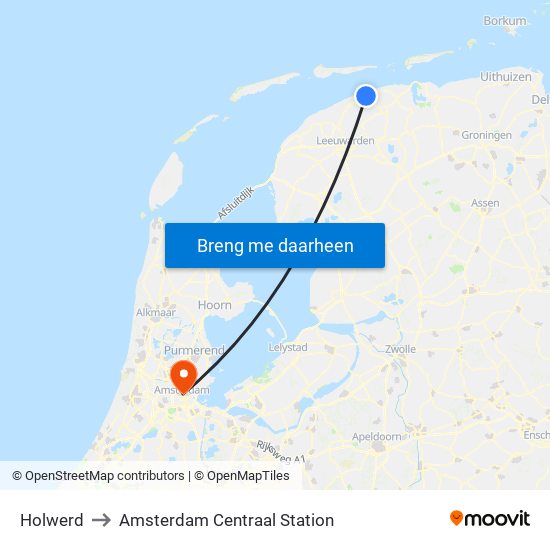 Holwerd to Amsterdam Centraal Station map