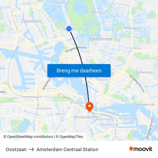 Oostzaan to Amsterdam Centraal Station map