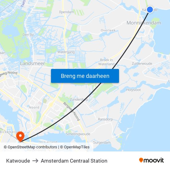 Katwoude to Amsterdam Centraal Station map