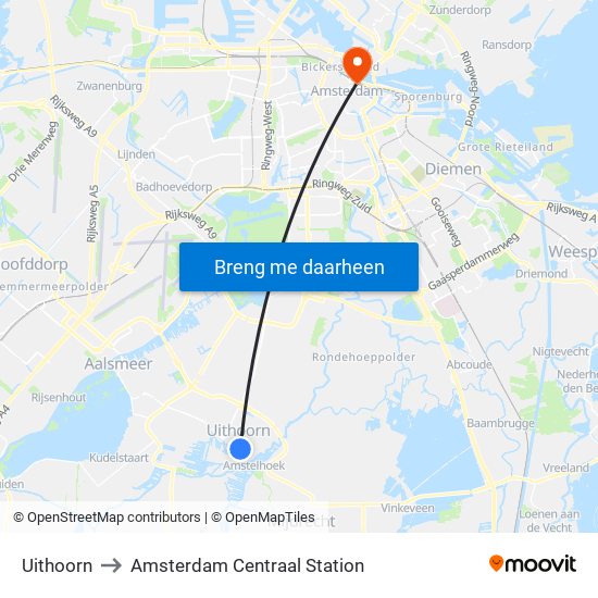Uithoorn to Amsterdam Centraal Station map