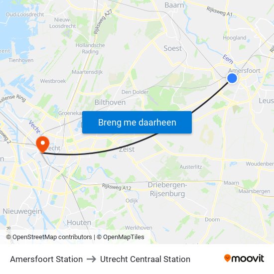 Amersfoort Station to Utrecht Centraal Station map