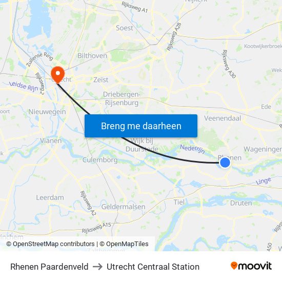 Rhenen Paardenveld to Utrecht Centraal Station map