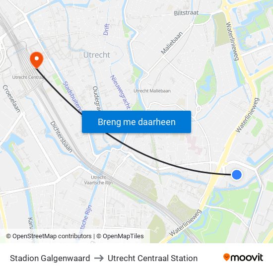 Stadion Galgenwaard to Utrecht Centraal Station map
