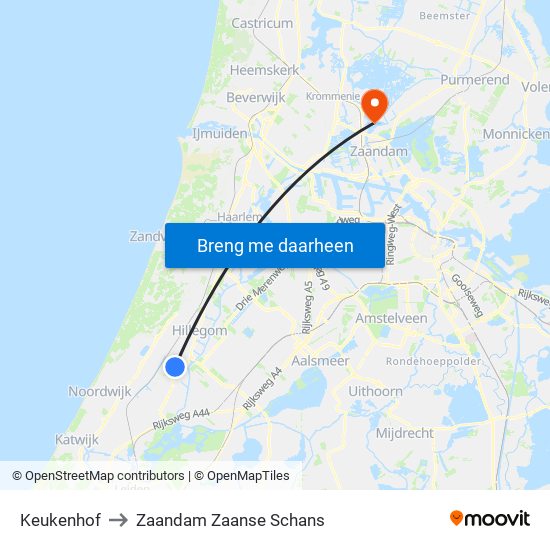 Keukenhof to Zaandam Zaanse Schans map
