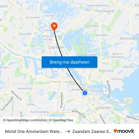 Motel One Amsterdam Waterlooplein to Zaandam Zaanse Schans map