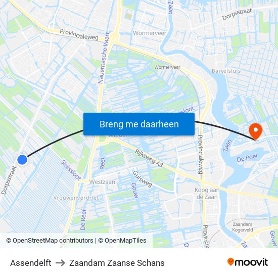 Assendelft to Zaandam Zaanse Schans map