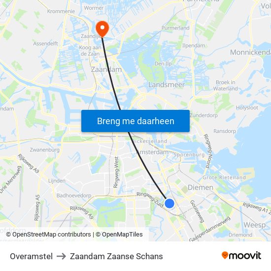 Overamstel to Zaandam Zaanse Schans map