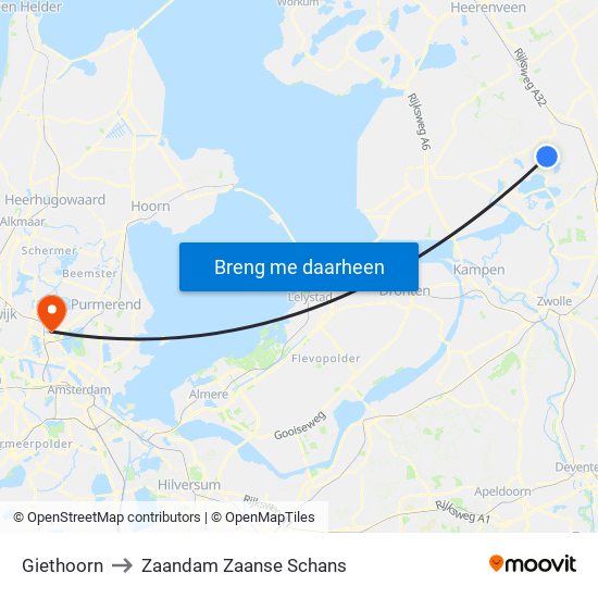 Giethoorn to Zaandam Zaanse Schans map