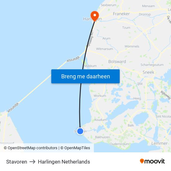 Stavoren to Harlingen Netherlands map
