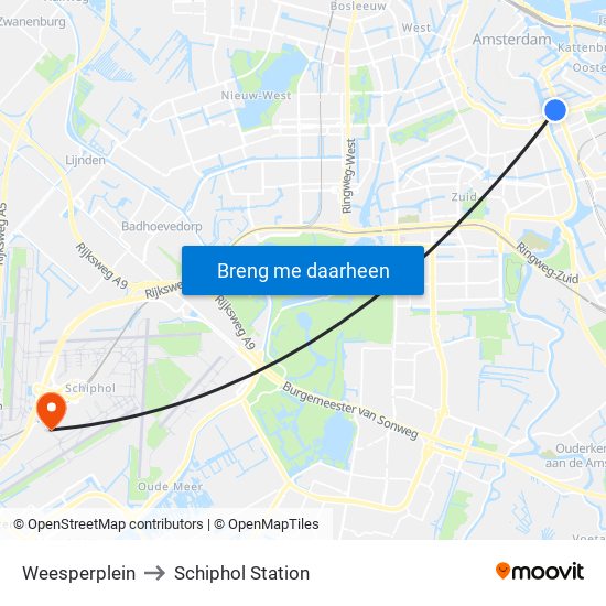 Weesperplein to Schiphol Station map