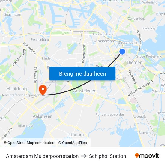 Amsterdam Muiderpoortstation to Schiphol Station map
