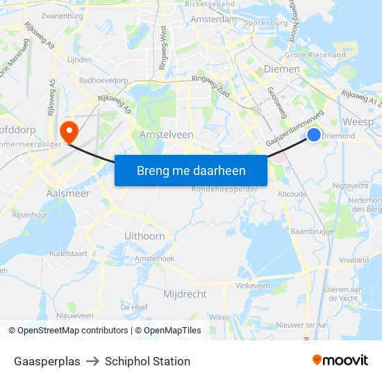 Gaasperplas to Schiphol Station map