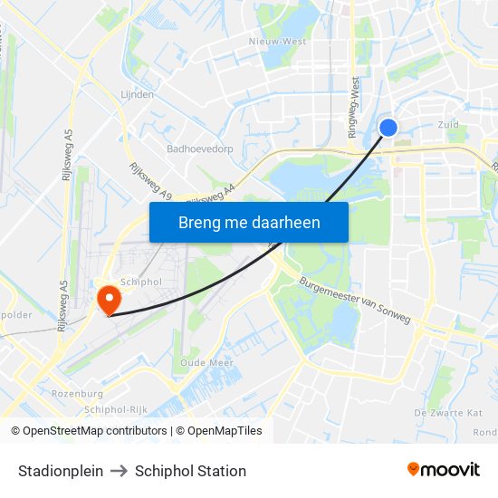 Stadionplein to Schiphol Station map