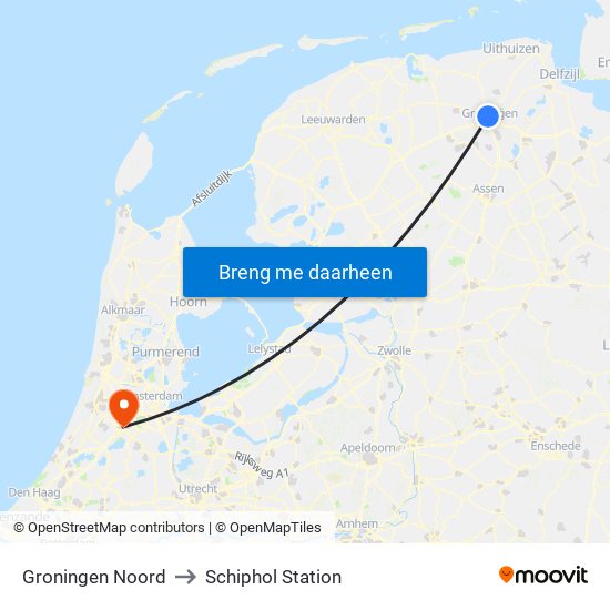 Groningen Noord to Schiphol Station map