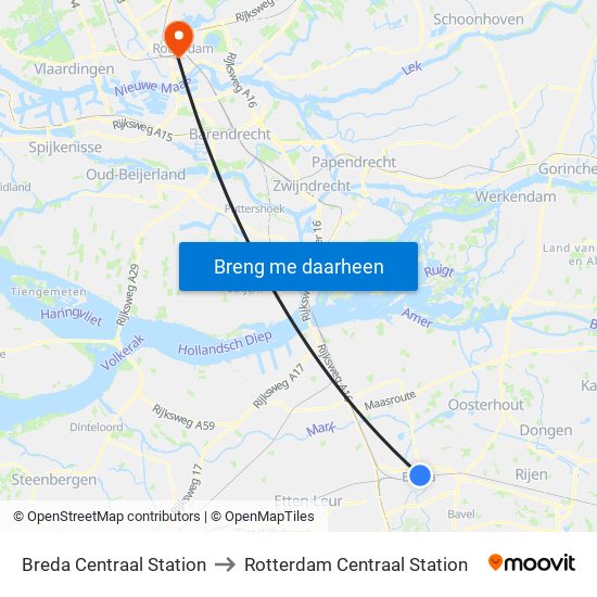Breda Centraal Station to Rotterdam Centraal Station map