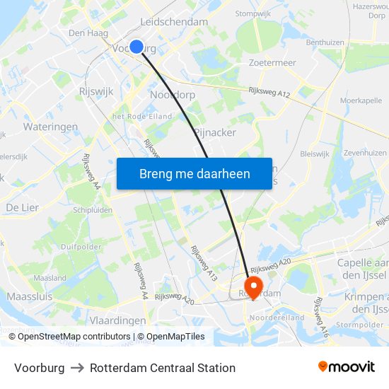 Voorburg to Rotterdam Centraal Station map