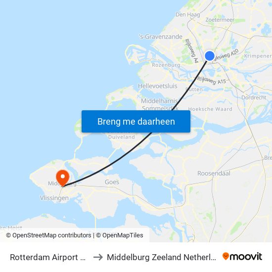 Rotterdam Airport RTM to Middelburg Zeeland Netherlands map