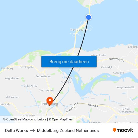 Delta Works to Middelburg Zeeland Netherlands map