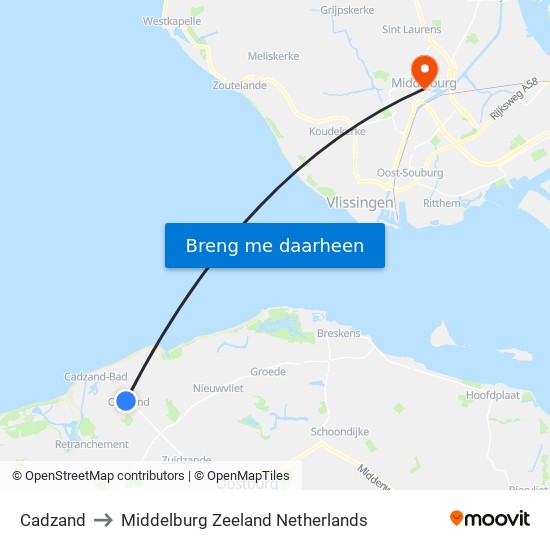 Cadzand to Middelburg Zeeland Netherlands map