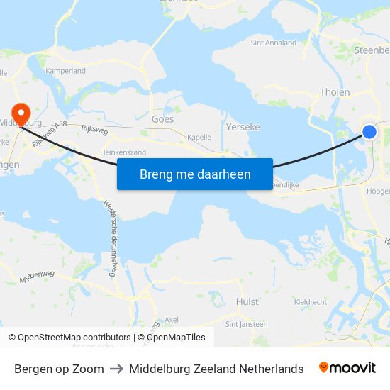 Bergen op Zoom to Middelburg Zeeland Netherlands map