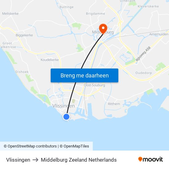 Vlissingen to Middelburg Zeeland Netherlands map