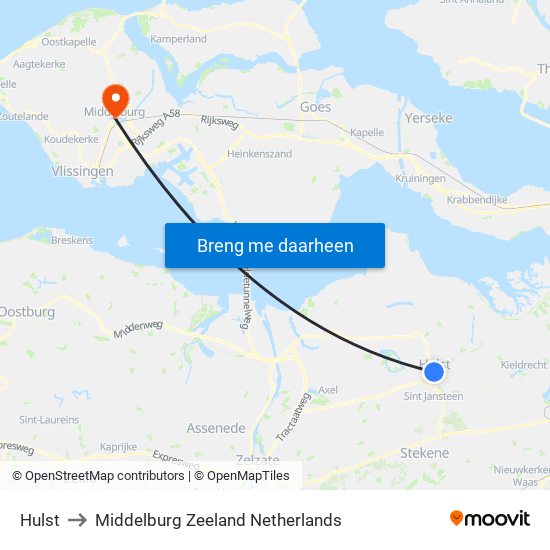 Hulst to Middelburg Zeeland Netherlands map