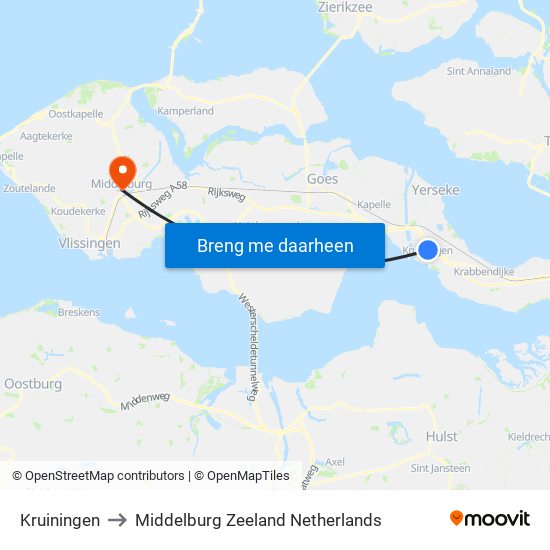 Kruiningen to Middelburg Zeeland Netherlands map