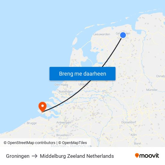 Groningen to Middelburg Zeeland Netherlands map