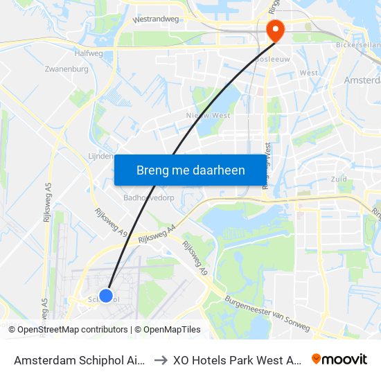 Amsterdam Schiphol Airport AMS to XO Hotels Park West Amsterdam map