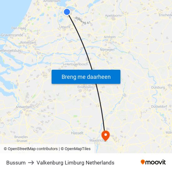 Bussum to Valkenburg Limburg Netherlands map