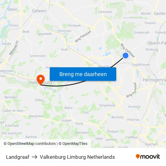 Landgraaf to Valkenburg Limburg Netherlands map