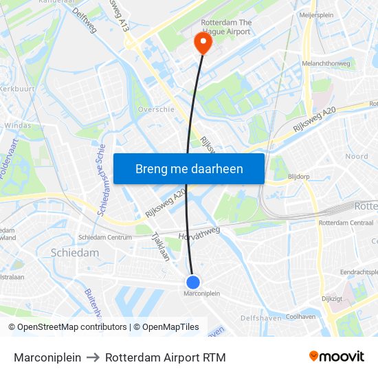 Marconiplein to Rotterdam Airport RTM map