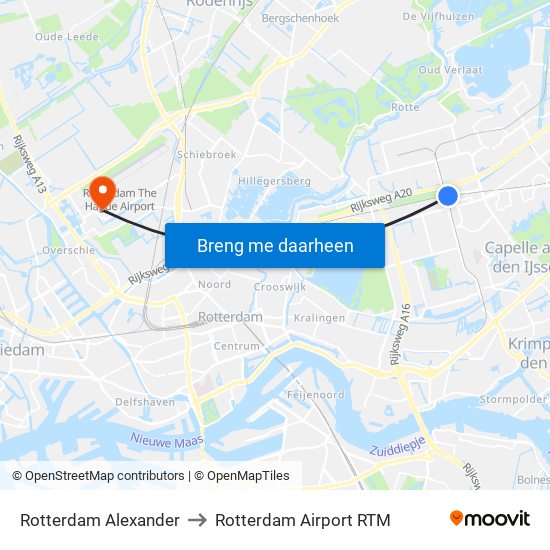 Rotterdam Alexander to Rotterdam Airport RTM map